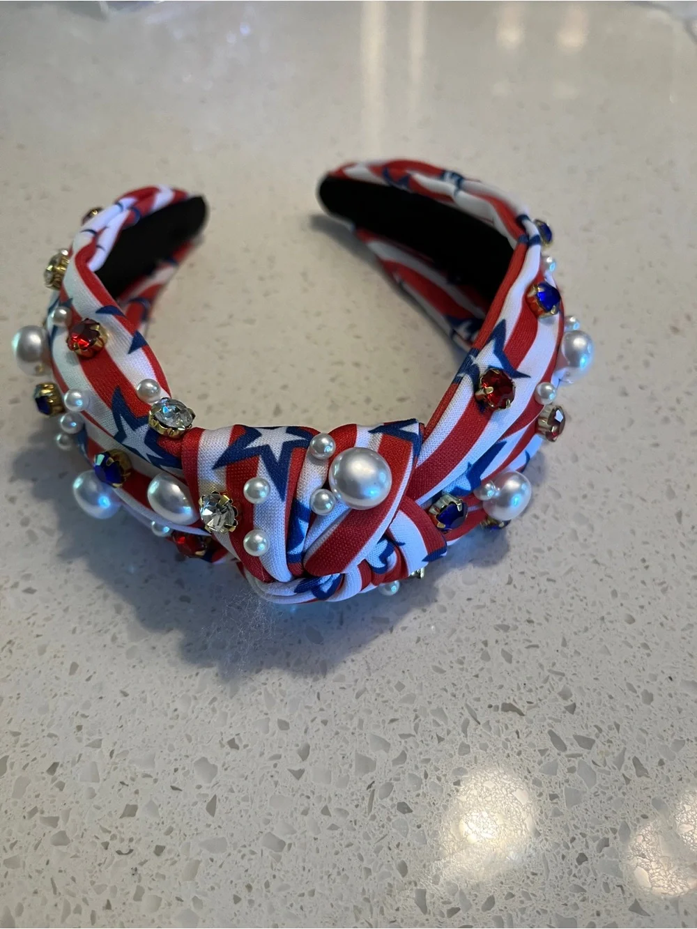 Patriotic Red White Blue‎ Knotted Headband with Pearls & Gems